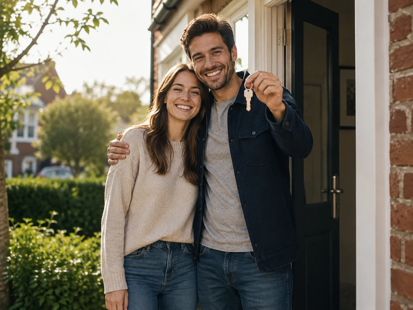 Couple receiving the keys to their new home after getting their mortgage