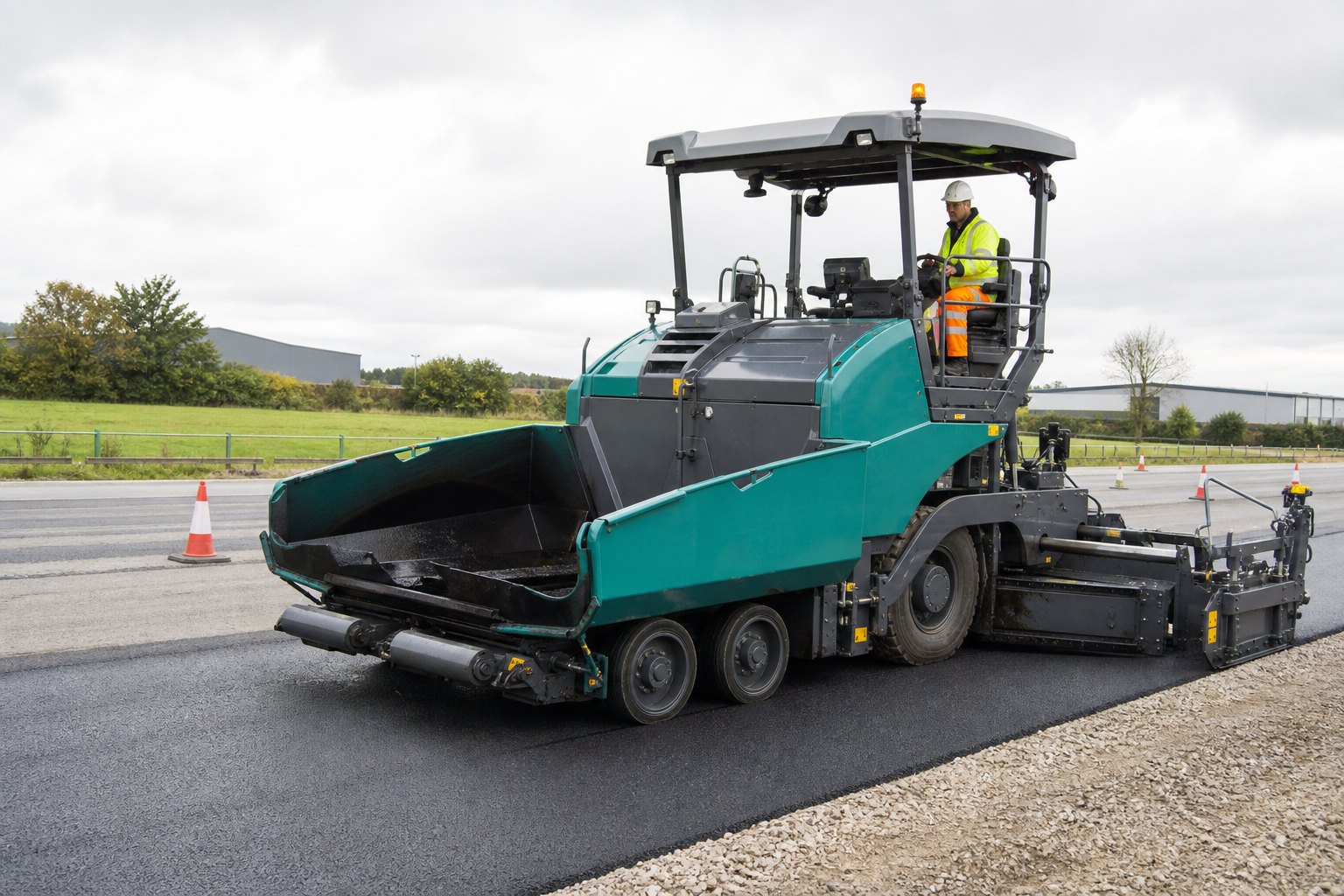 Large wheeled asphalt road paver working on a UK resurfacing project
