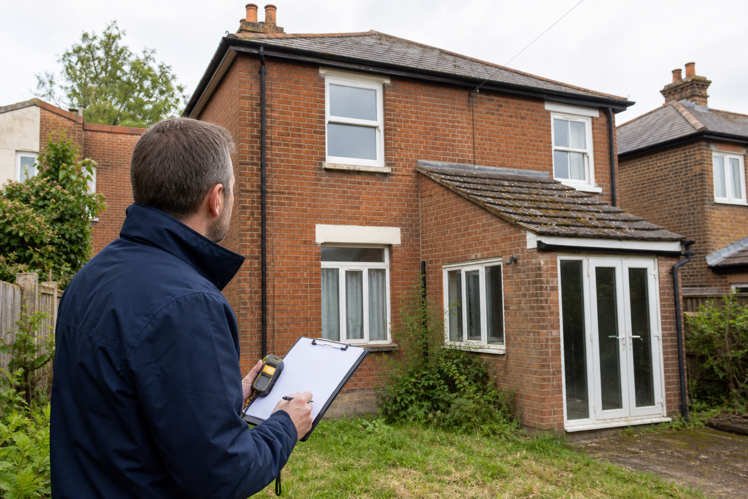 A property professional assessing the condition of a brick house requiring refurbishment.