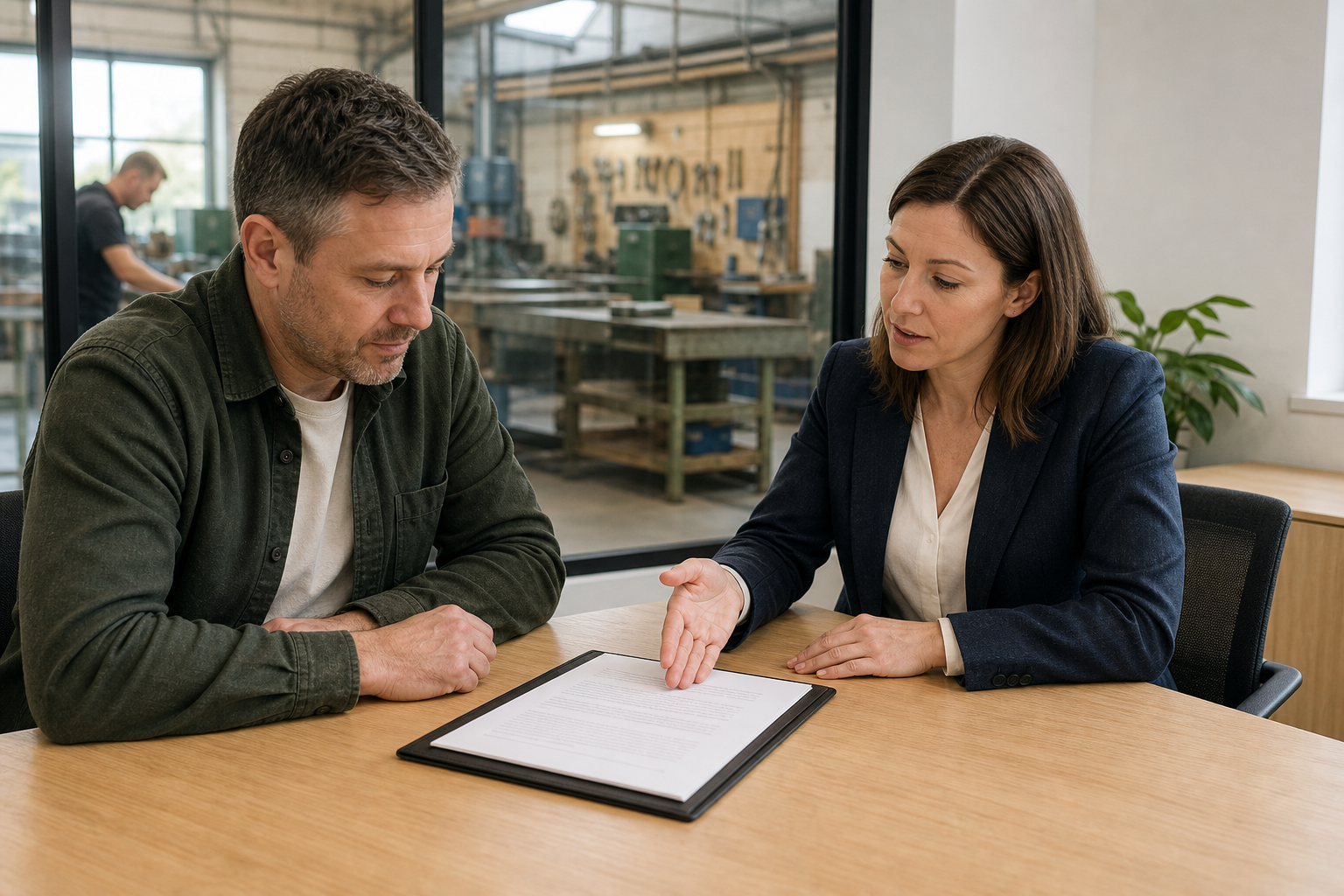 A business owner carefully reviewing a guarantee agreement with a legal professional.