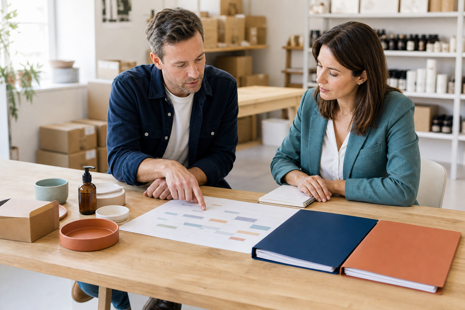 A business owner and adviser reviewing a funding and cash-flow plan.