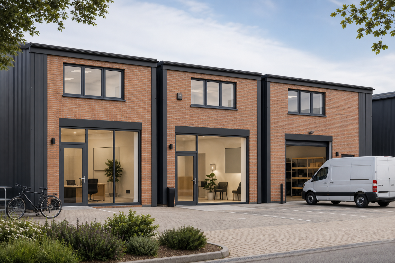 A row of separate office, showroom and trade units within a small commercial development.