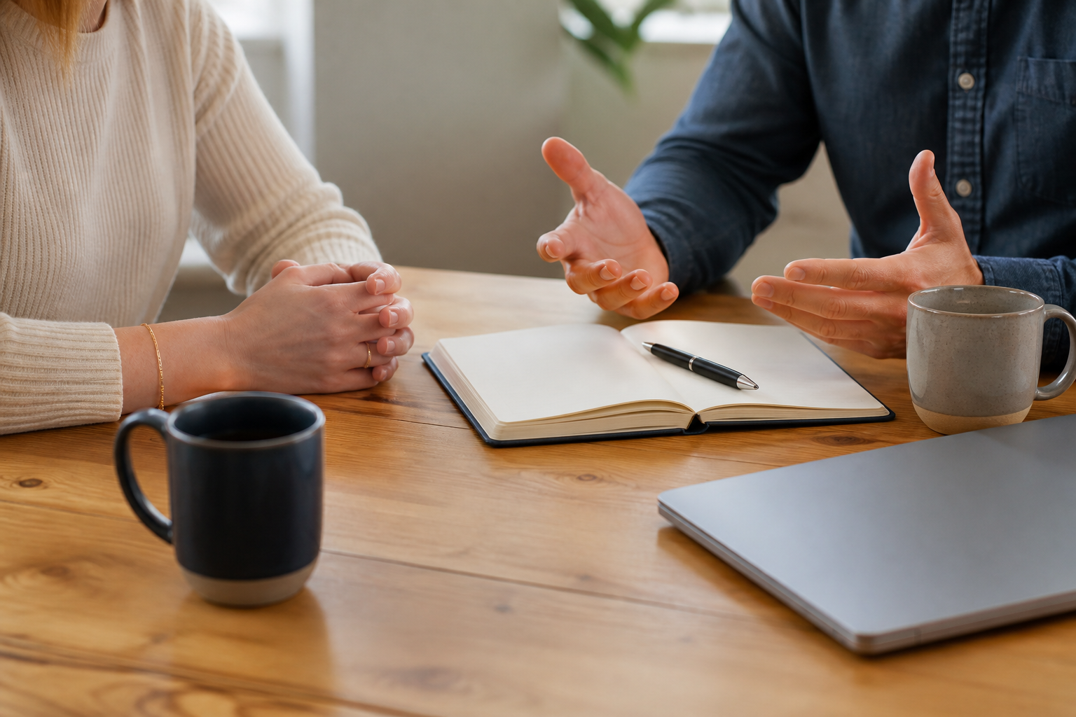 An introductory conversation taking place beside an open notebook.