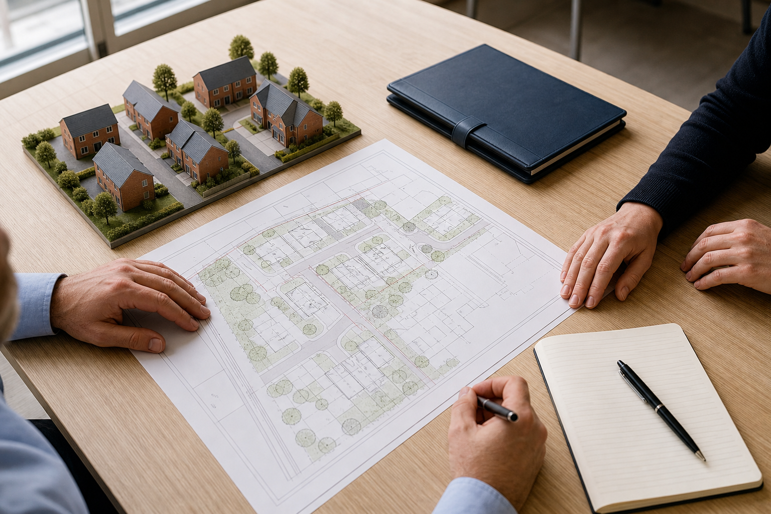 Development plans and a scale model of homes being reviewed around a meeting table.