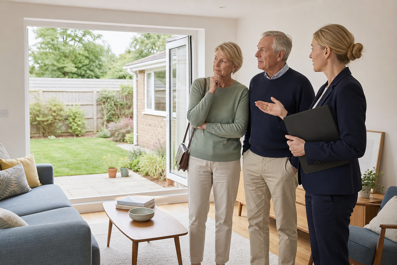 Older couple viewing a smaller home while considering downsizing