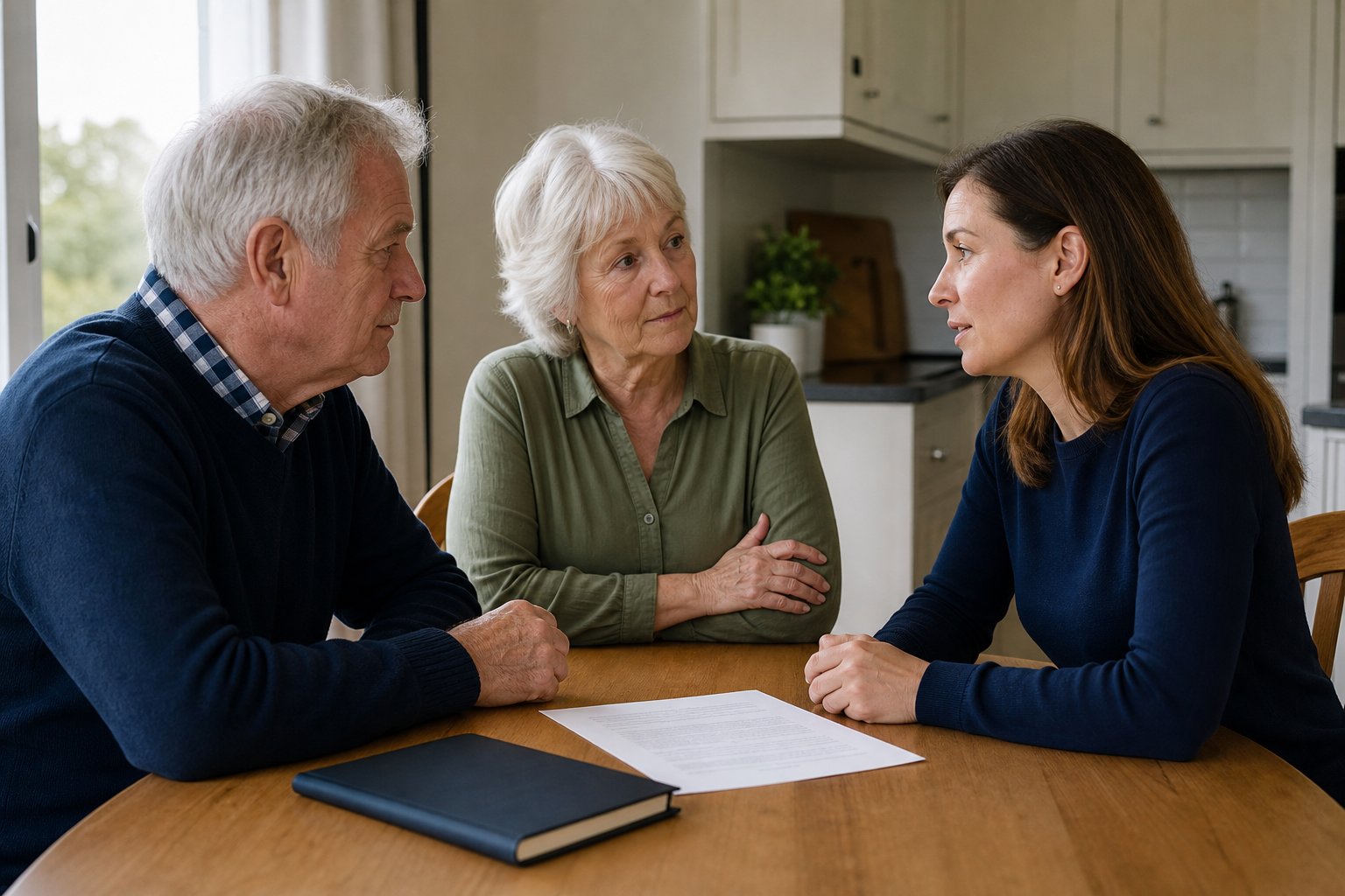 Older homeowners discussing a major later-life decision with an adult family member