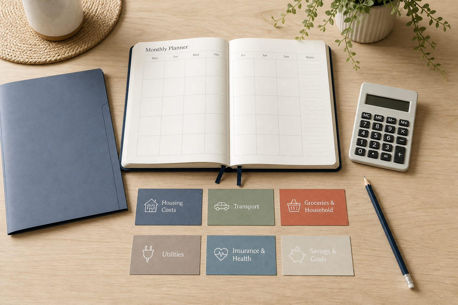 Monthly planner, calculator and cards for housing, transport, household, utilities, insurance and savings costs.