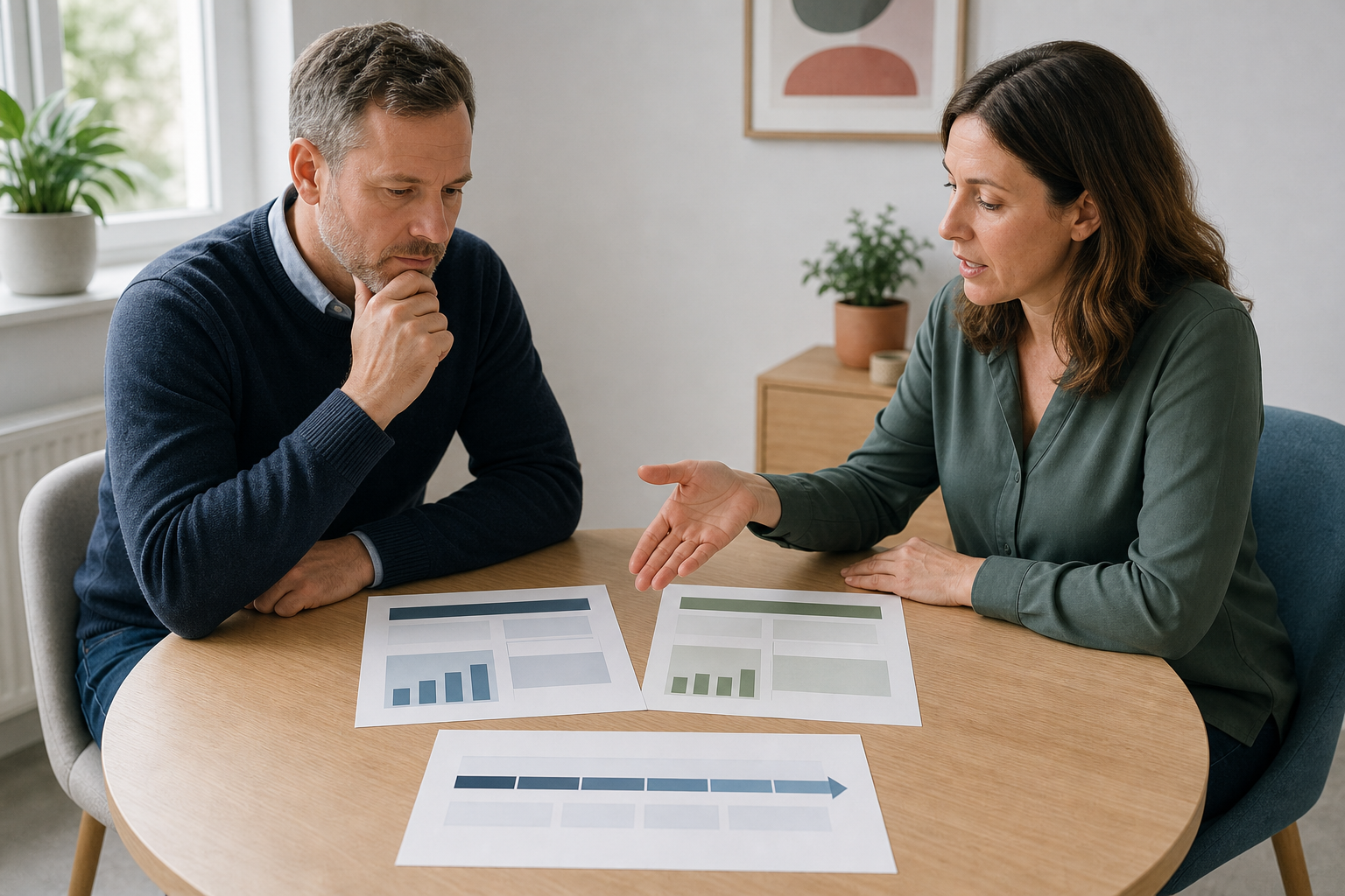 A homeowner and adviser comparing borrowing options and a repayment timeline.