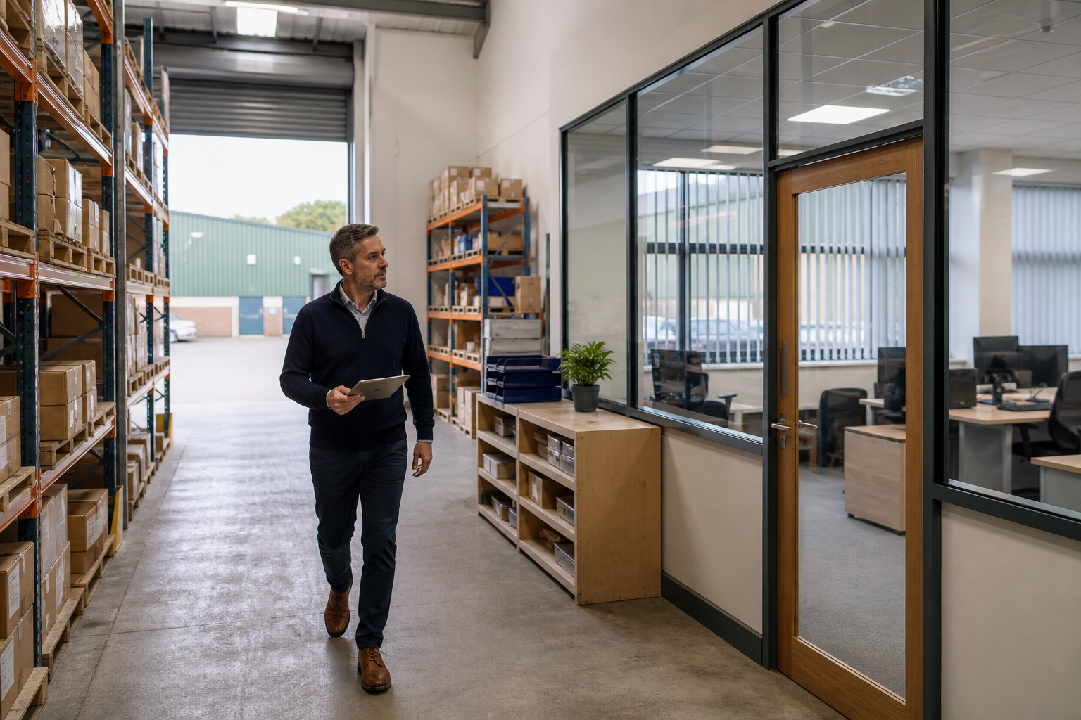A business owner reviewing an active commercial unit containing warehouse and office space.