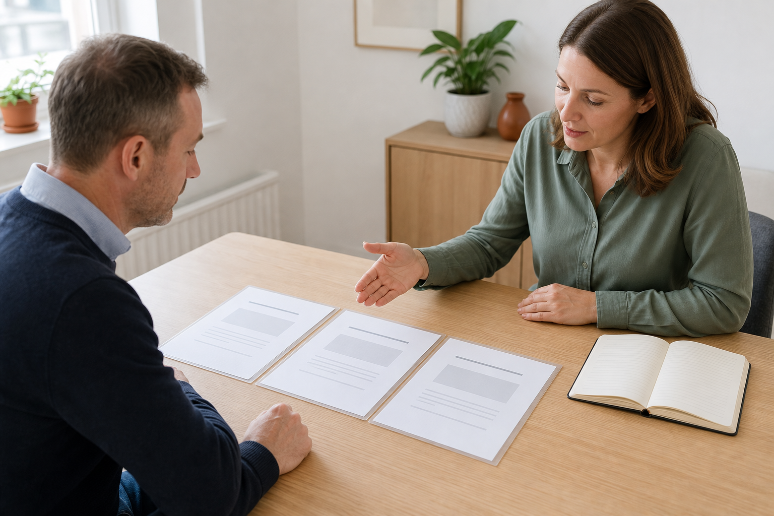 An adviser and homeowner comparing three borrowing options.