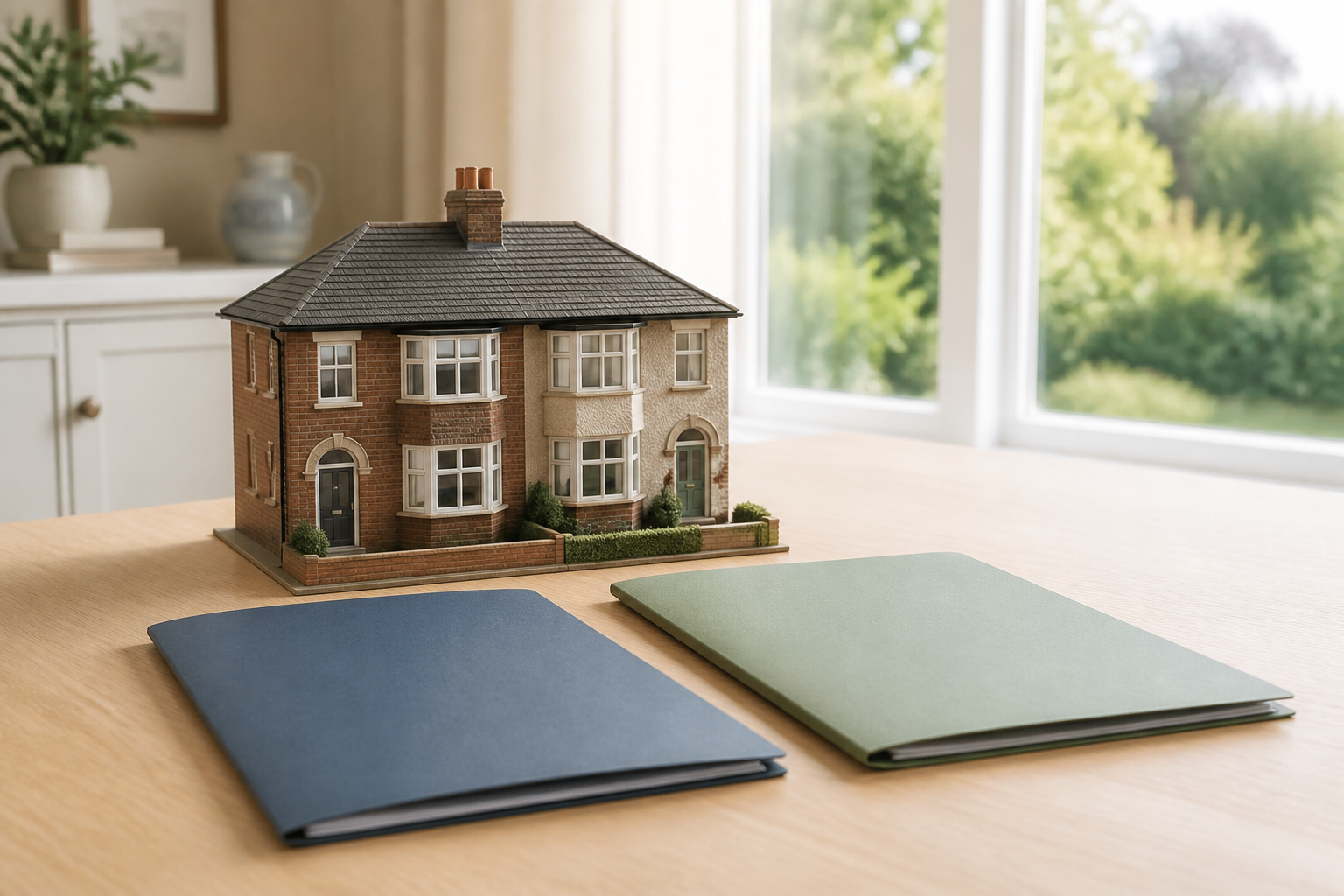 Model of an established home beside two separate document folders.