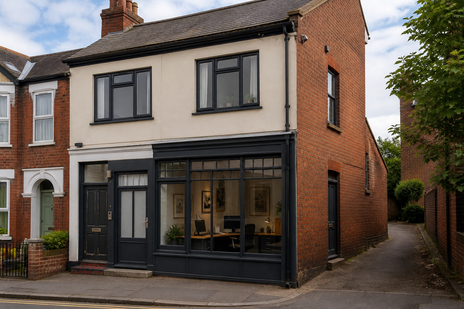 Mixed-use property with separate commercial and residential entrances.