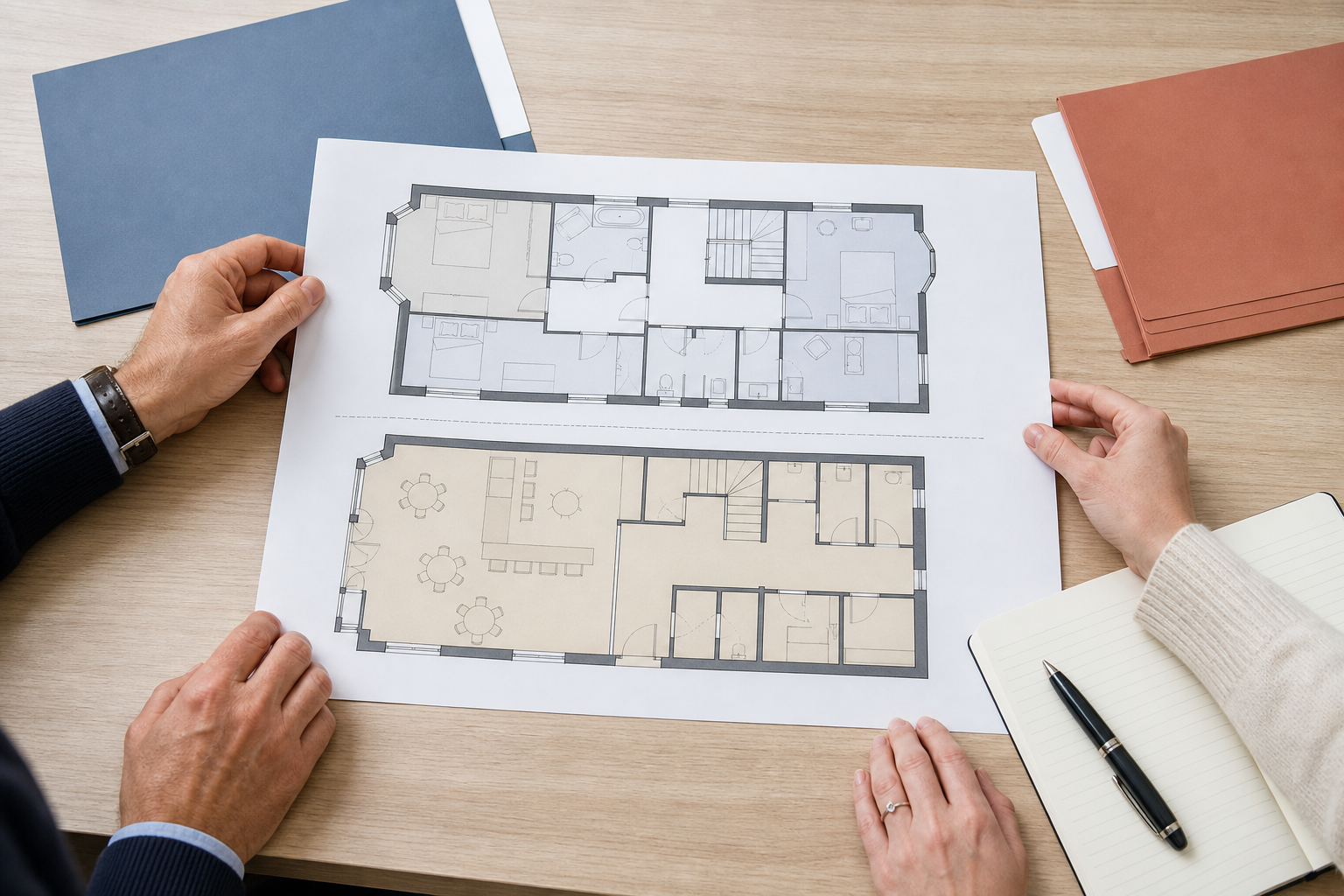 Mixed-use floor plans and property documents being reviewed.