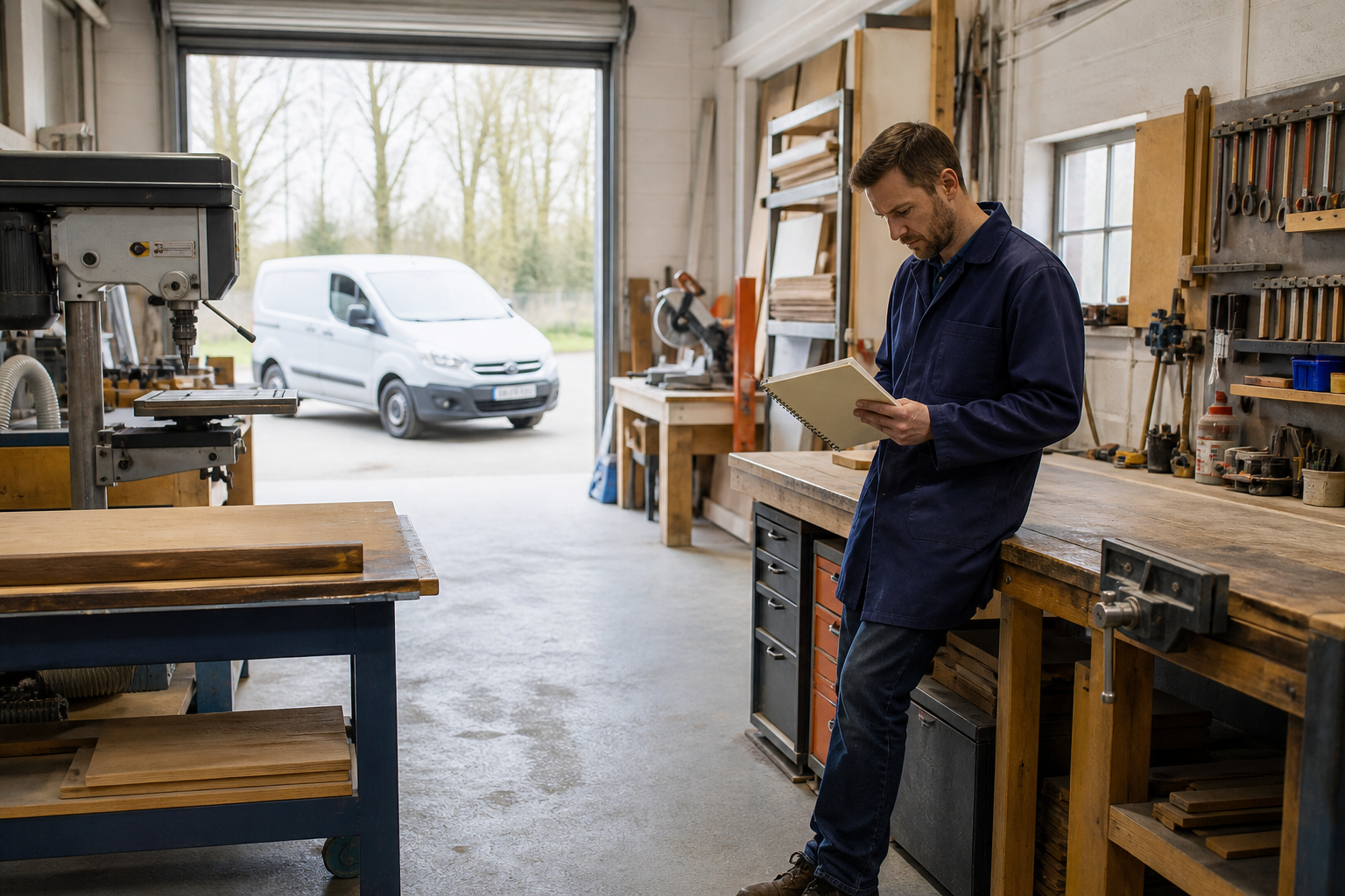 Small-business workshop with equipment, a commercial vehicle and a manager reviewing notes.