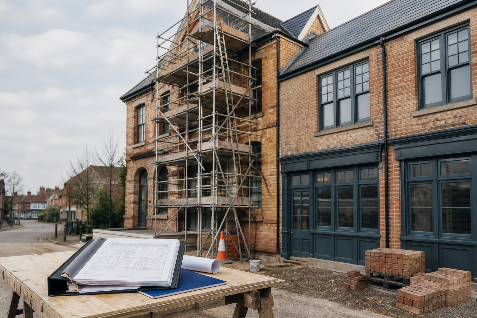Brick property undergoing a planned refurbishment with scaffolding and architectural drawings.