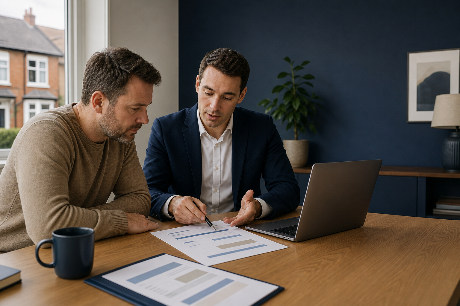 Landlord and mortgage adviser reviewing a buy-to-let rental assessment