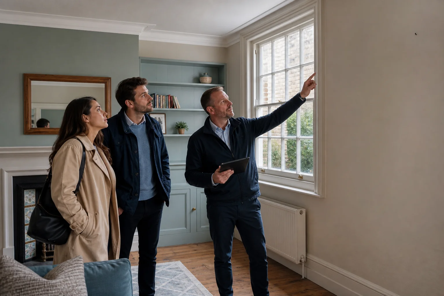 First-time buyers inspecting a property with a surveyor